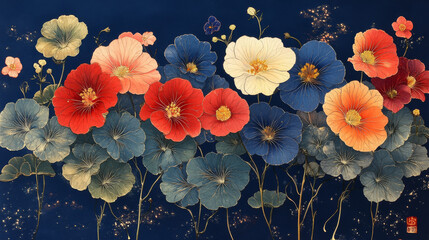 Wall Mural - A vibrant arrangement of flowers in various shades of red, blue, and white.