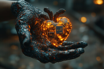 Poster - a figure holding a computer chip in one hand and a human heart in the other, symbolizing the balance