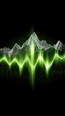 Poster - A captivating display combines glowing green laser outlines of mountain peaks with a sound wave model, generating an energetic visual experience perfect for digital art creations