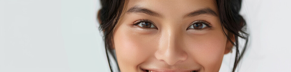 Close up photo portrait of a beautiful young asian indian model woman with clean teeth. Used for a dental ad. Isolated on light background