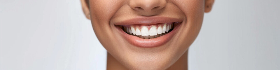 Close up photo portrait of a beautiful young asian indian model woman with clean teeth. Used for a dental ad. Isolated on light background