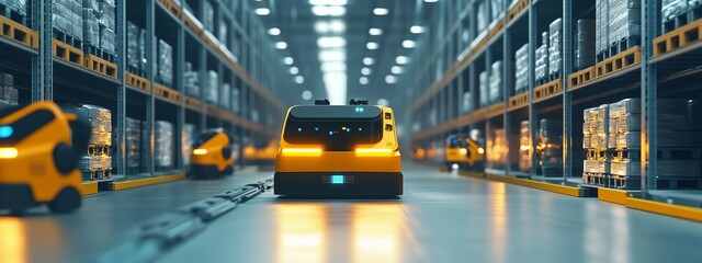 Poster - automated vehicles navigate a bustling warehouse during daylight, enhancing logistics and efficiency