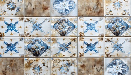 Wall Mural - Intricate Beige, Blue & White Tile Wall Pattern