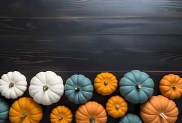Wall Mural - top view colorful pumpkins wooden background