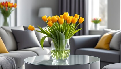 Wall Mural - Chic modern living room featuring vibrant yellow tulips in a vase, grey sofa, and elegant white walls, capturing a winning design aesthetic.