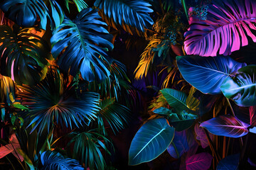 Canvas Print - Tropical dark trend jungle in neon illuminated lighting. Exotic palms and plants in retro style.