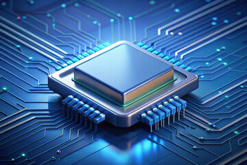 Poster - A close-up view of a computer processor on a sleek circuit board illuminated with blue lights in a tech-inspired setting. Generative AI