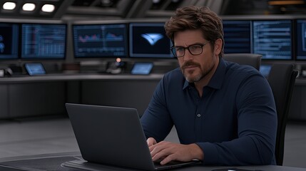 Poster - A determined young man in glasses is engaged with his laptop, examining stock market charts and simultaneously creating a logo using a graphic tablet in a busy office