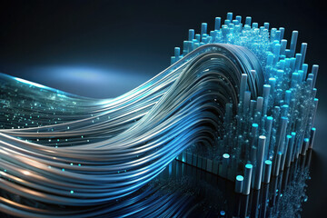 Poster - A mesmerizing blend of technology and nature with dynamic waves of glowing fibers creating an ethereal landscape at twilight. Generative AI
