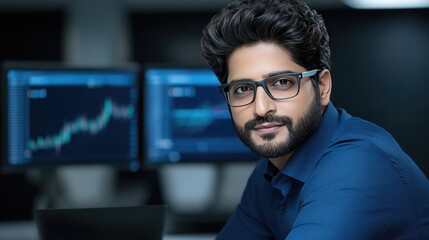 Poster - A determined young man in glasses is engaged with his laptop, examining stock market charts and simultaneously creating a logo using a graphic tablet in a busy office