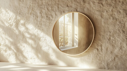 Wall Mural - modern interior with round mirror reflecting natural light