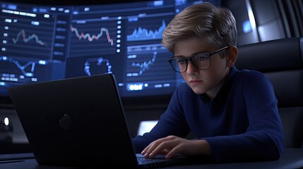 Poster - A determined young man in glasses is engaged with his laptop, examining stock market charts and simultaneously creating a logo using a graphic tablet in a busy office