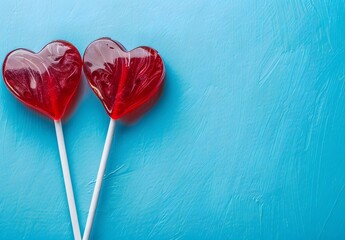 Wall Mural - Two Red Heart Lollipops on Blue Background