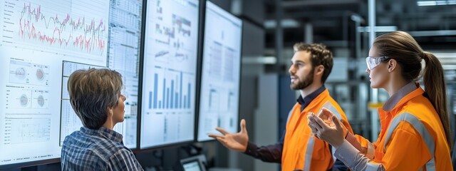 Poster - team of industrial workers analyzing data on large screens in a modern facility during a meeting