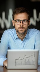 Poster - A determined young man in glasses is engaged with his laptop, examining stock market charts and simultaneously creating a logo using a graphic tablet in a busy office