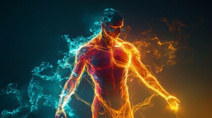 Poster - A human figure surrounded by swirling blue and orange light, creating an ethereal atmosphere. The luminous energy seems to radiate from the body, highlighting the contours and movement of the form.