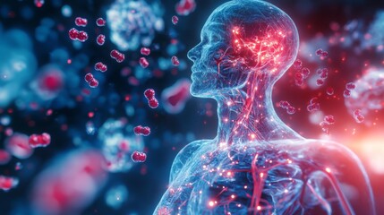 Leinwandbilder - A digital illustration of a transparent human body with glowing red and blue veins. There are small red and blue cells floating around the figure.