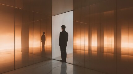 Poster - In an artistic exhibition, a person stands within a mirrored area, looking outward as reflections and light patterns create an intriguing atmosphere around them