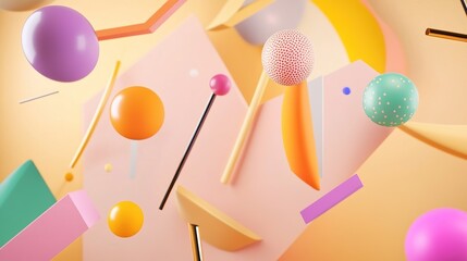 Poster - Playful composition of colorful geometric shapes and spheres suspended in mid-air against a soft pastel backdrop, creating a whimsical atmosphere