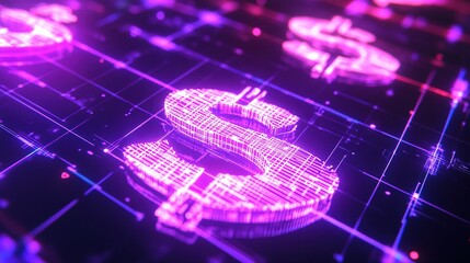 Poster - Digital currency symbols illuminated in vibrant purple and blue hues on a futuristic grid background at night