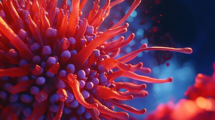 Poster - Vibrant close-up of a microscopic cell showcasing intricate details and its dynamic structure under a colorful light