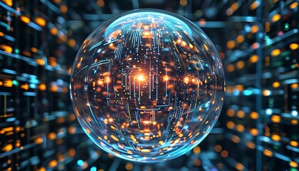 3D dynamic array of transparent spheres filled with glowing circuits, levitating in a cybernetic digital space. Made with generative AI technology