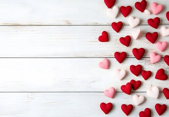 Wall Mural - Valentine's Day Hearts White Wooden Table Background