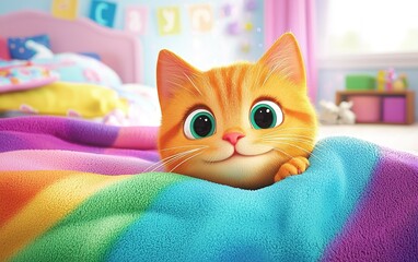 Adorable orange kitten peeks from under a colorful blanket in a bright, cozy bedroom filled with playful decor