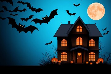 Aufkleber - Geometric haunted mansion design with sharp, clean lines, set against a simple Halloween background of bats and a full moon