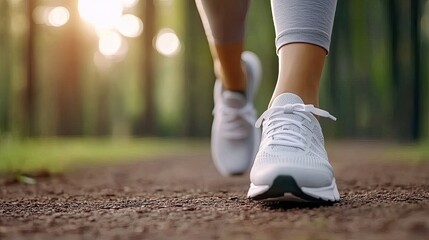 A woman enjoys a fitness walk on a dirt path, showcasing her running shoes. The close-up perspective highlights her active lifestyle in a natural outdoor setting