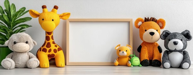 Colorful plush toys beside a wooden frame on a table with a green plant.