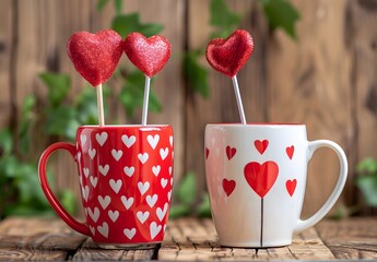 Wall Mural - Valentine's Day Mugs with Heart Lollipops