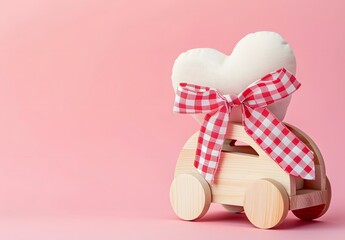 Wall Mural - Wooden Toy Car Carrying Heart Pillow For Valentine's Day