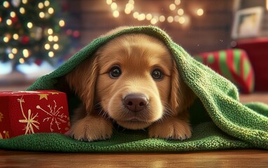 A cozy golden retriever puppy nestled under a green blanket near festive gifts and twinkling holiday lights