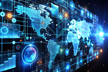 Poster - Exploring a digital world map filled with glowing connections and data visualizations in a futuristic setting. Generative AI