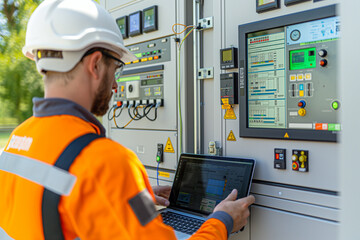 The electrician is using the laptop to collect data for an electrical panel, working on a laptop at an outdoor electric panel cabinet with high voltage wires and lighting equipment.