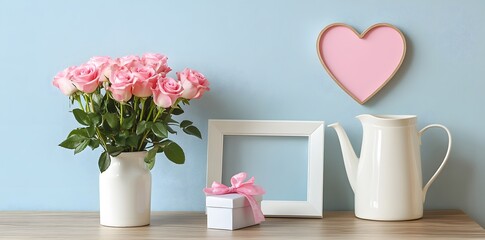 Wall Mural - Shabby Chic Valentine's Day Background with Pink Roses