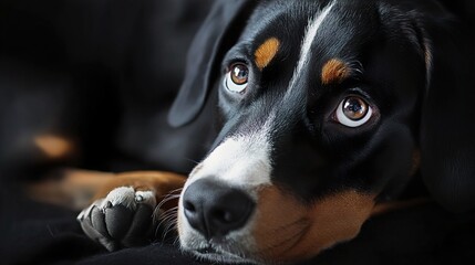 Sticker - Close-Up Portrait of a Black and White Dog with Brown Eyes