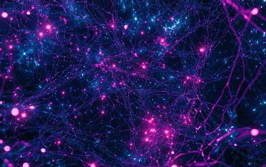 Poster - Vibrant abstract representation of neural connections glowing in a cosmic purple and blue environment