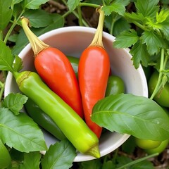 Sticker - Red and green chili peppers in a bowl.