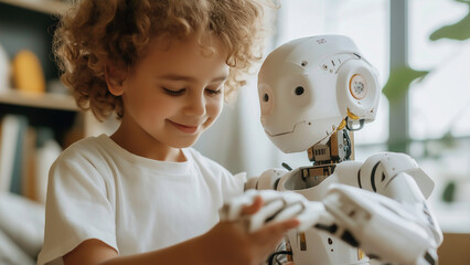 A child smiling and playing happily with robot with trust from an AI-powered robotic, harmonious connection between humans and AI-powered friends, future innovation artificial intelligence.