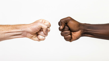 Close-up photo of two arms different race skin color isolated on white background