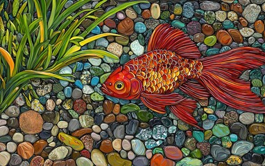 Wall Mural - A vibrant goldfish swims gracefully among colorful pebbles and lush green plants in a serene underwater scene