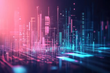 Fototapete - Abstract digital cityscape, vibrant colors, dynamic flow, futuristic urban life