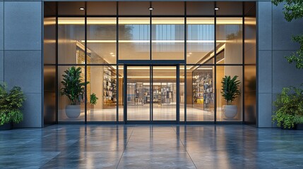 Poster - A large glass door with a green plant in front of it
