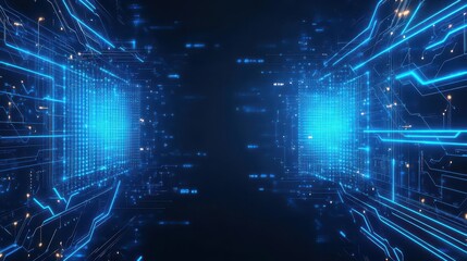 Poster - Abstract futuristic background with glowing blue neon lines, circuit board patterns, and holographic grids, dark backdrop, digital art, 3D style
