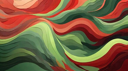 Fototapete - abstract background image with dominant colors of green and red, featuring curved shapes and wavy lines that flow from one side to the other, creating a sense of dynamic movement