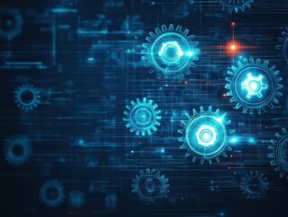 Aufkleber - Abstract pattern of gears forming a complex mechanism, hightech aesthetic, dark blue background, neon highlights, art