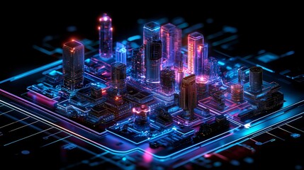 Wall Mural - Neon cityscape on a futuristic circuit board with glowing lines.