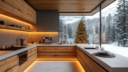 Poster - A kitchen with a Christmas tree in the background